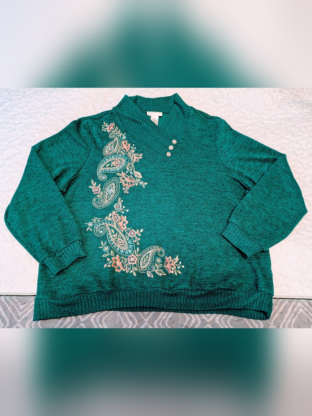 Women's Size XL Alfred Dunner Dark Teal Long-Sleeve Embroidered Sweater